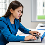 A focused professional architectural electrical engineering student, adult, dressed in modest business casual attire, sitting at a clean, modern desk in a well-lit study area. They are analyzing detailed blueprints and digital schematics on a laptop, with a technical textbook open beside them. The background shows a contemporary office environment with soft, ambient lighting. The scene conveys dedication and strategic planning. safe for work, appropriate content, fully clothed, professional, family-friendly, perfect anatomy, correct proportions, natural pose, well-formed hands, proper finger count, natural body proportions, high quality, professional photography.