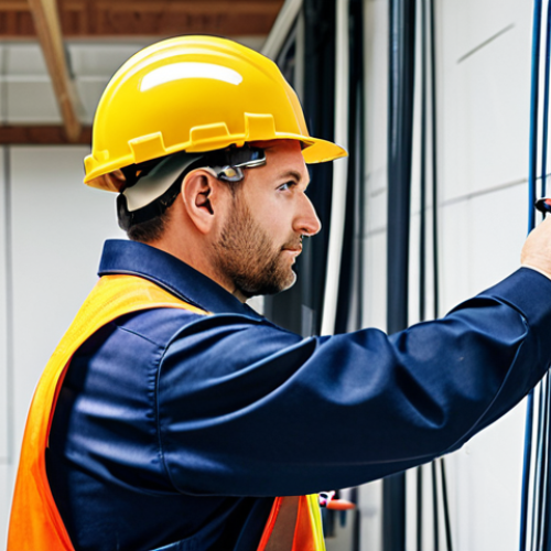 Home 6 A highly skilled male architectural electrical technician, wearing a modest, professional uniform with a safety helmet, carefully installing electrical conduits within a modern, clean construction site. He is focused on connecting wires with precision, surrounded by organized tools and equipment. The background features partially completed walls and a well-lit, safe work environment. This image emphasizes safety, meticulous work, and adherence to professional standards in building infrastructure. fully clothed, appropriate attire, safe for work, perfect anatomy, natural pose, correct proportions, well-formed hands, proper finger count, natural body proportions, professional photography, high quality, family-friendly.
