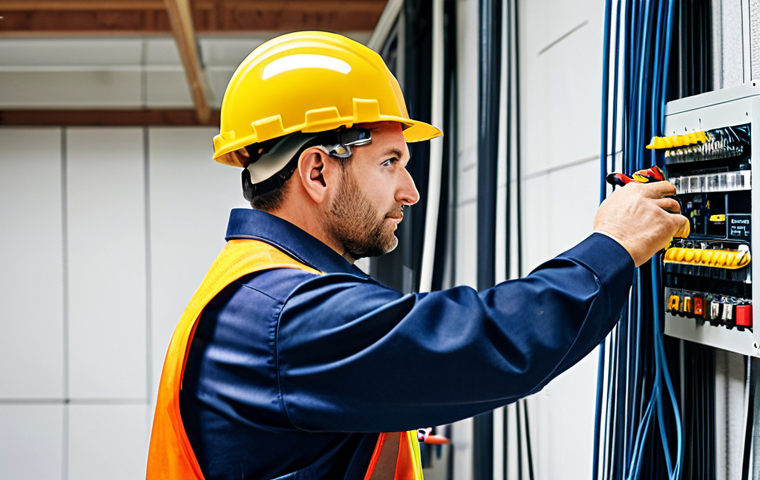 A highly skilled male architectural electrical technician, wearing a modest, professional uniform with a safety helmet, carefully installing electrical conduits within a modern, clean construction site. He is focused on connecting wires with precision, surrounded by organized tools and equipment. The background features partially completed walls and a well-lit, safe work environment. This image emphasizes safety, meticulous work, and adherence to professional standards in building infrastructure. fully clothed, appropriate attire, safe for work, perfect anatomy, natural pose, correct proportions, well-formed hands, proper finger count, natural body proportions, professional photography, high quality, family-friendly.