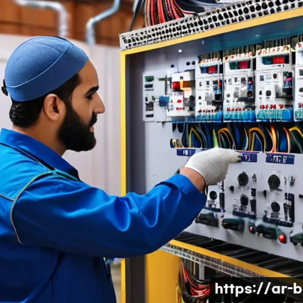 건축전기설비기사 전문성 개발 방법 - A skilled Middle Eastern electrician wearing a traditional long-sleeve work shirt and protective glo...