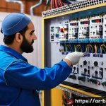 Home 22 건축전기설비기사 전문성 개발 방법 - A skilled Middle Eastern electrician wearing a traditional long-sleeve work shirt and protective glo...
