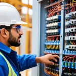 Home 20 건축전기설비기사 합격률 통계와 분석 - A professional Middle Eastern electrical engineer wearing safety glasses and blue coveralls, working...