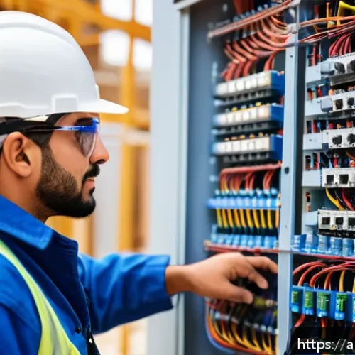 Home 32 건축전기설비기사 합격률 통계와 분석 - A professional Middle Eastern electrical engineer wearing safety glasses and blue coveralls, working...