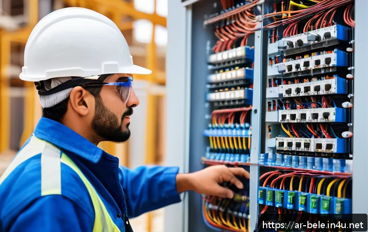 건축전기설비기사 합격률 통계와 분석 - A professional Middle Eastern electrical engineer wearing safety glasses and blue coveralls, working...