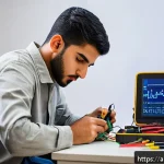 Home 18 건축전기설비기사 실기 준비 팁 - A focused young Arab male electrical engineering student sitting at a tidy study desk in a modern, q...