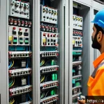 Home 23 건축전기설비기사 업무 중 발생하는 문제 해결법 - A detailed scene inside a modern Middle Eastern commercial building's electrical room, showcasing a ...