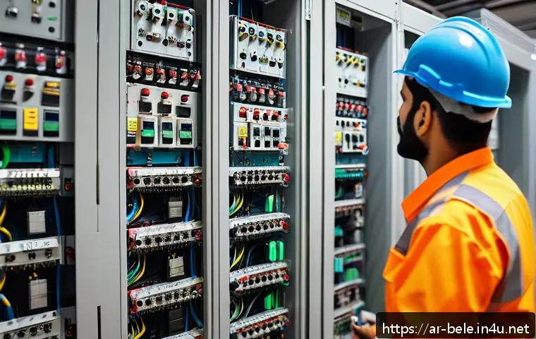 건축전기설비기사 업무 중 발생하는 문제 해결법 - A detailed scene inside a modern Middle Eastern commercial building's electrical room, showcasing a ...