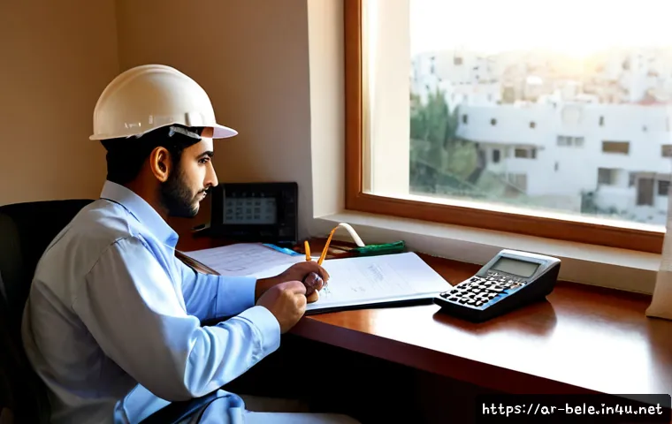 건축전기설비기사 취업 준비 과정 - Photorealistic Arab electrical engineering graduate preparing for a building electrical systems care...